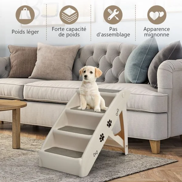 Escalier pour Chien Pliant à 4 Marches en Plastique Charge 60KG 64 x 39 x 49 cm Feutre Doux Chiens et Chats Café/Beige/Gris