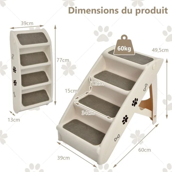 Escalier pour Chien Pliant à 4 Marches en Plastique Charge 60KG 64 x 39 x 49 cm Feutre Doux Chiens et Chats Café/Beige/Gris