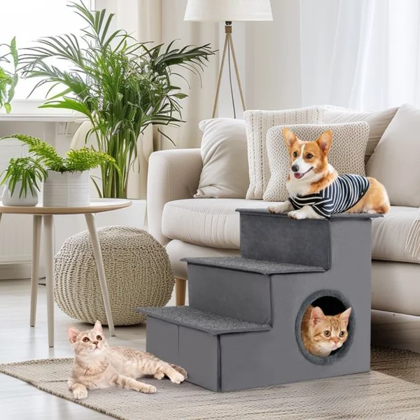 Escalier pour Chien pour Lit Haut Canapé Sofa Rampe Pliable à 3 Étapes avec Condo Fond Antidérapant Échelle de Grimpe Gris