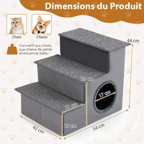 Escalier pour Chien pour Lit Haut Canapé Sofa Rampe Pliable à 3 Étapes avec Condo Fond Antidérapant Échelle de Grimpe Gris