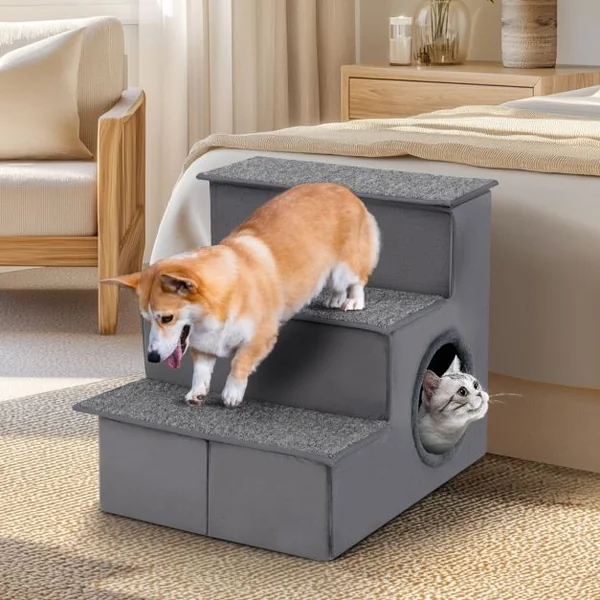 Escalier pour Chien pour Lit Haut Canapé Sofa Rampe Pliable à 3 Étapes avec Condo Fond Antidérapant Échelle de Grimpe Gris