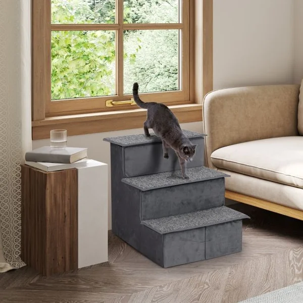 Escalier pour Chien pour Lit Haut Canapé Sofa Rampe Pliable à 3 Étapes avec Condo Fond Antidérapant Échelle de Grimpe Gris