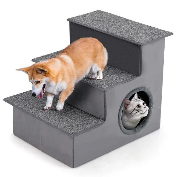 Escalier pour Chien pour Lit Haut Canapé Sofa Rampe Pliable à 3 Étapes avec Condo Fond Antidérapant Échelle de Grimpe Gris