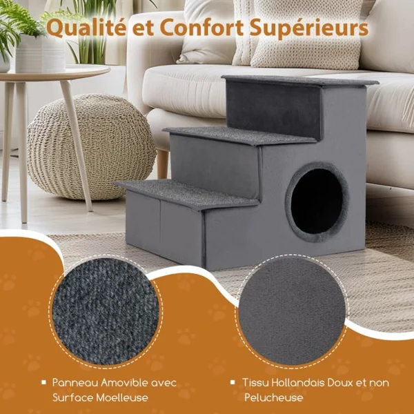 Escalier pour Chien pour Lit Haut Canapé Sofa Rampe Pliable à 3 Étapes avec Condo Fond Antidérapant Échelle de Grimpe Gris