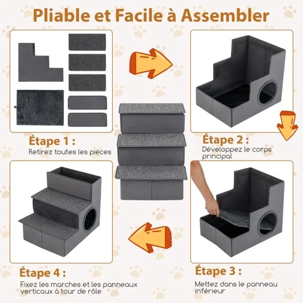 Escalier pour Chien pour Lit Haut Canapé Sofa Rampe Pliable à 3 Étapes avec Condo Fond Antidérapant Échelle de Grimpe Gris