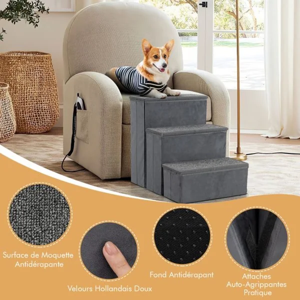 Escalier pour Chien à 3 Marches Rampe pour Chien Pliable Antidérapante pour Lits Canapés Canapés-lits Échelle Portable Gris