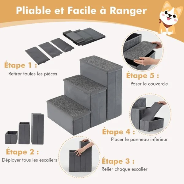 Escalier pour Chien à 3 Marches Rampe pour Chien Pliable Antidérapante pour Lits Canapés Canapés-lits Échelle Portable Gris