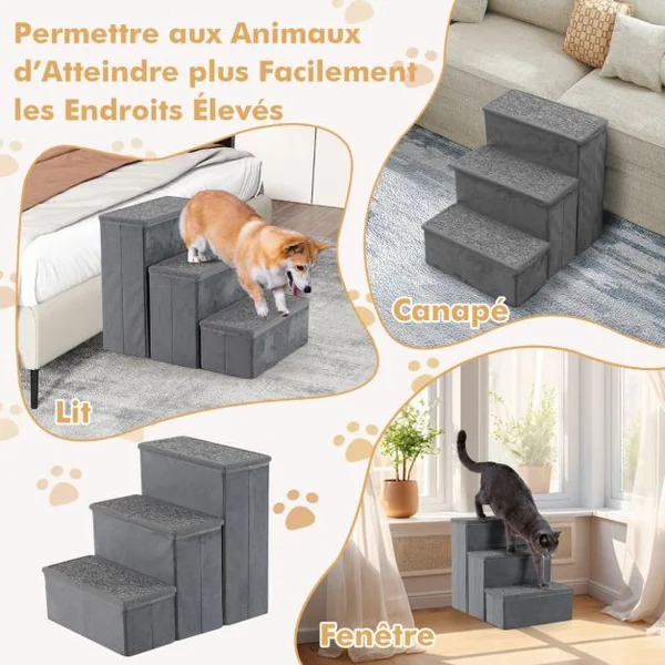 Escalier pour Chien à 3 Marches Rampe pour Chien Pliable Antidérapante pour Lits Canapés Canapés-lits Échelle Portable Gris