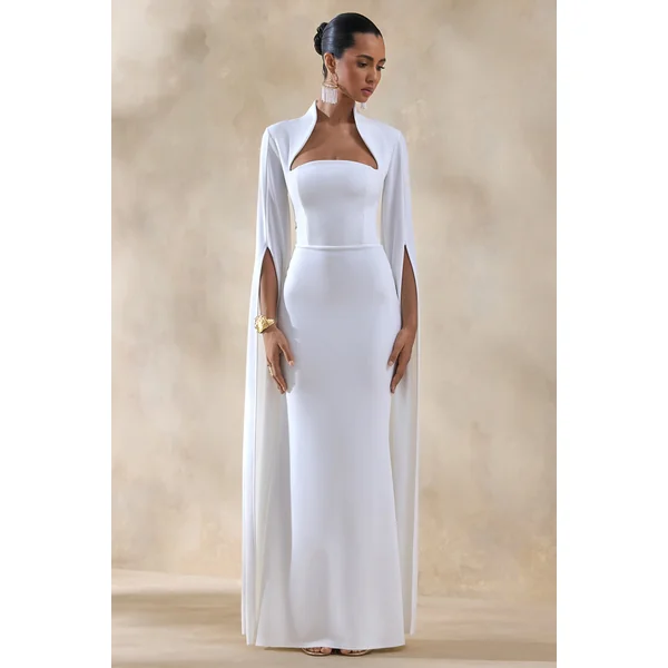 Esme | Robe longue blanche à encolure carrée et manches cape