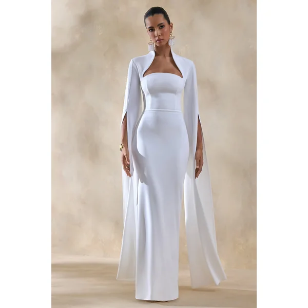 Esme | Robe longue blanche à encolure carrée et manches cape