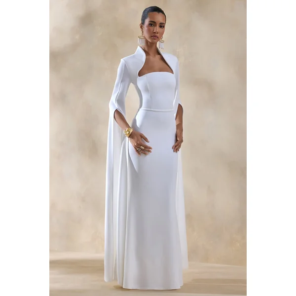 Esme | Robe longue blanche à encolure carrée et manches cape