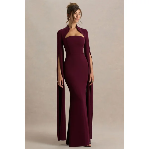 Esme | Robe longue bordeaux à décolleté carré et manches cape