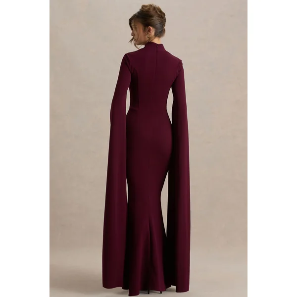 Esme | Robe longue bordeaux à décolleté carré et manches cape