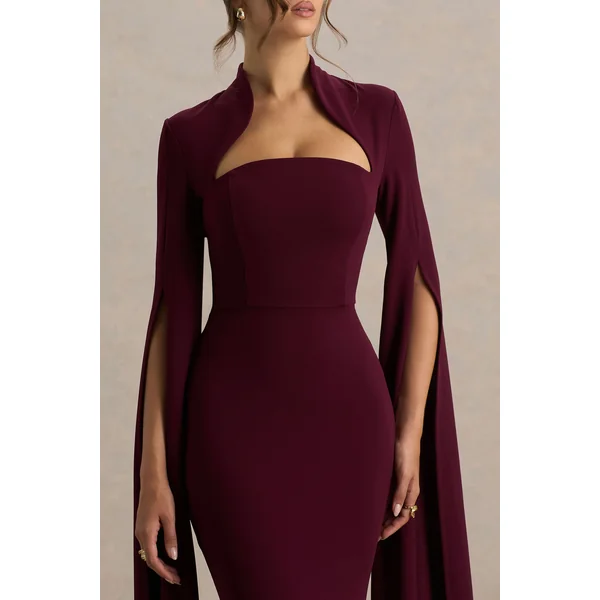 Esme | Robe longue bordeaux à décolleté carré et manches cape