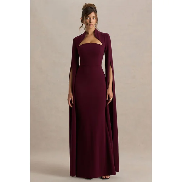 Esme | Robe longue bordeaux à décolleté carré et manches cape