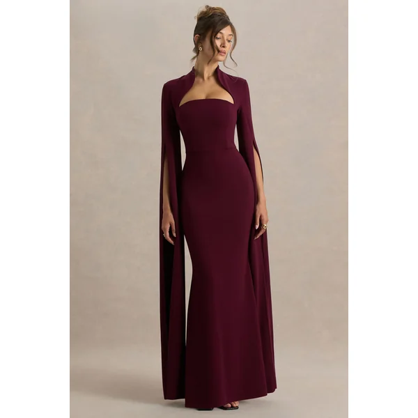 Esme | Robe longue bordeaux à décolleté carré et manches cape