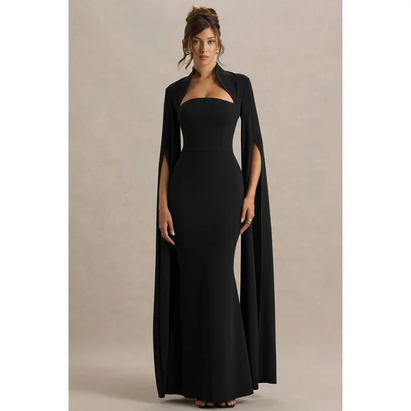 Esme | Robe longue noire à décolleté carré et manches cape