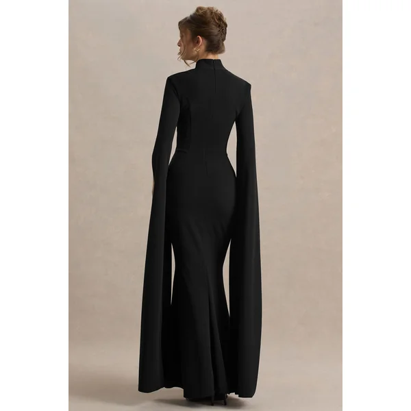 Esme | Robe longue noire à décolleté carré et manches cape