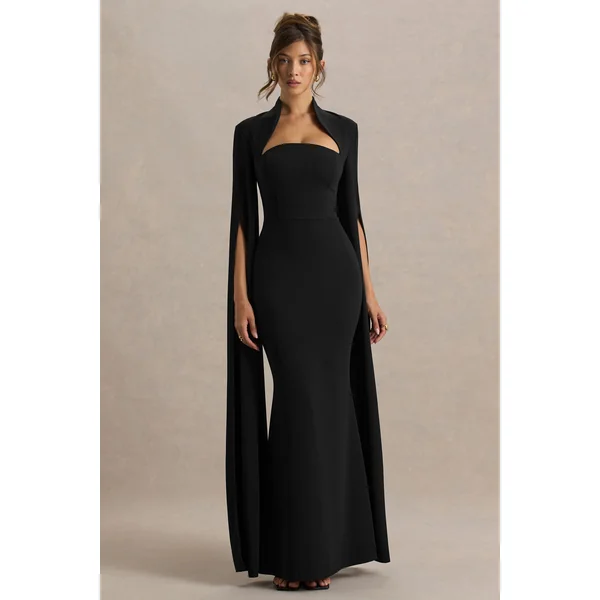 Esme | Robe longue noire à décolleté carré et manches cape