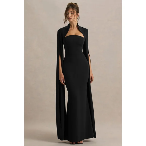 Esme | Robe longue noire à décolleté carré et manches cape