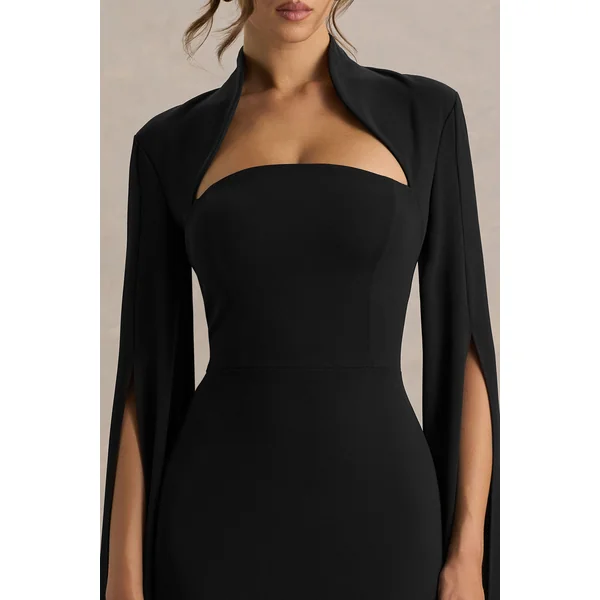 Esme | Robe longue noire à décolleté carré et manches cape