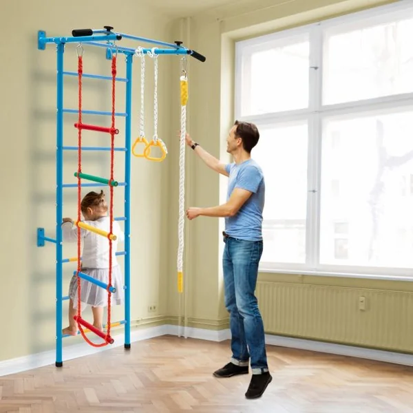 Espalier de Gymnastique Enfants Mur Escalade avec Barre de Traction Anneaux de Gym - Échelle en Tricot - Trapèze Bleu