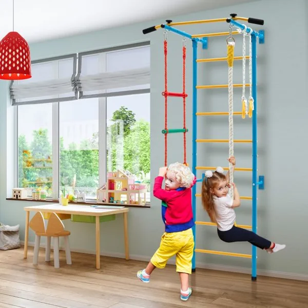Espalier de Gymnastique Enfants Mur Escalade avec Barre de Traction Anneaux de Gym - Échelle en Tricot - Trapèze Jaune