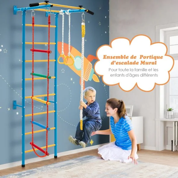Espalier de Gymnastique Enfants Mur Escalade avec Barre de Traction Anneaux de Gym - Échelle en Tricot - Trapèze Jaune