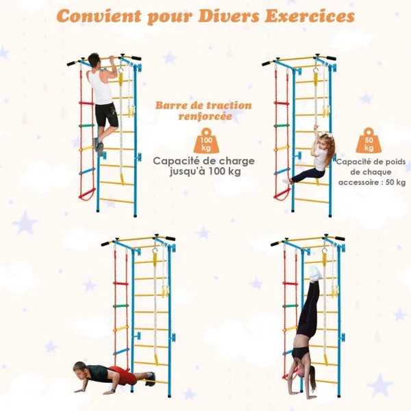 Espalier de Gymnastique Enfants Mur Escalade avec Barre de Traction Anneaux de Gym - Échelle en Tricot - Trapèze Jaune