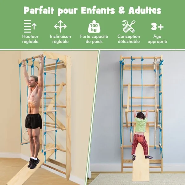 Espalier Echelle de Gymnastique Multifonctionnelle pour Adulte et Enfant Capacité 100 kg en Pin MDF Métal 80x60x220cm