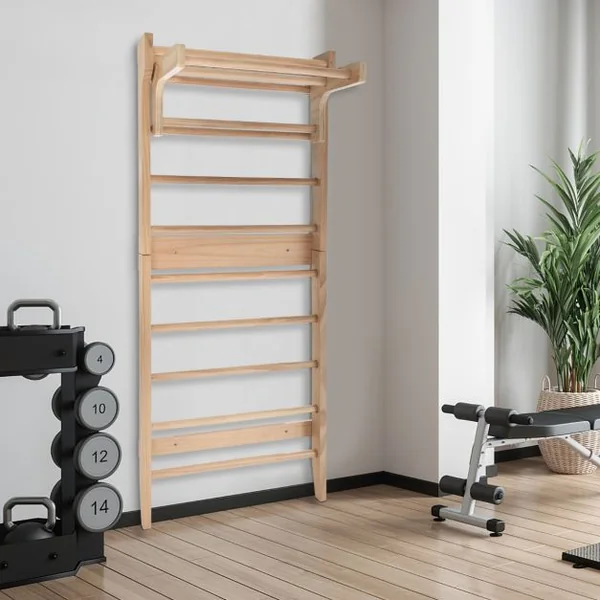 Espalier en Bois avec 10 Barres Fixes et Barre Horizontale Amovible pour Exercicer à Domicile 80X48X195 CM Charge 100 KG