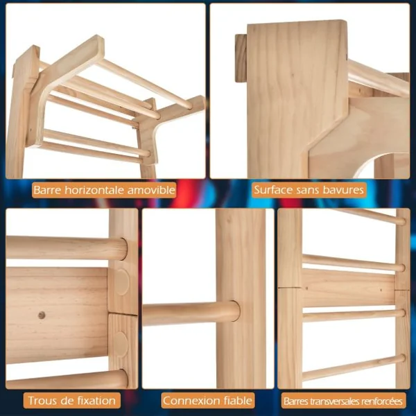 Espalier en Bois avec 10 Barres Fixes et Barre Horizontale Amovible pour Exercicer à Domicile 80X48X195 CM Charge 100 KG