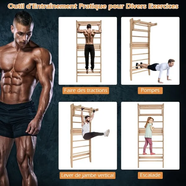Espalier en Bois avec 10 Barres Fixes et Barre Horizontale Amovible pour Exercicer à Domicile 80X48X195 CM Charge 100 KG