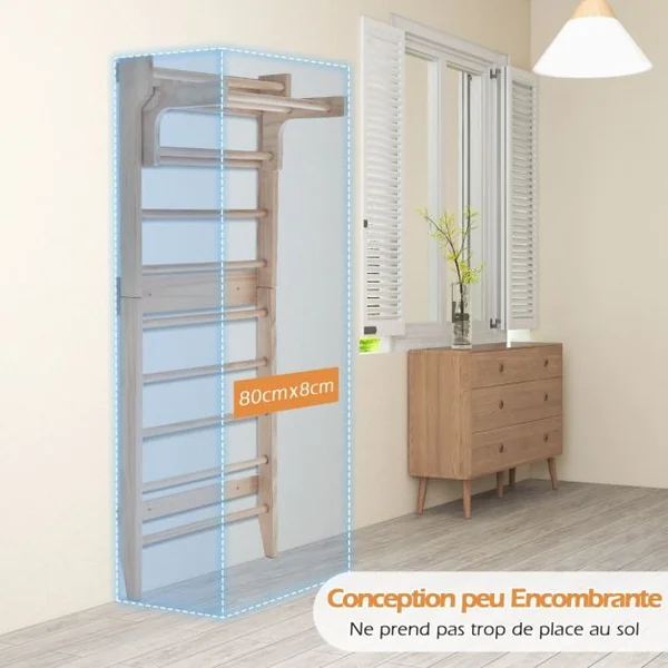 Espalier en Bois avec 10 Barres Fixes et Barre Horizontale Amovible pour Exercicer à Domicile 80X48X195 CM Charge 100 KG