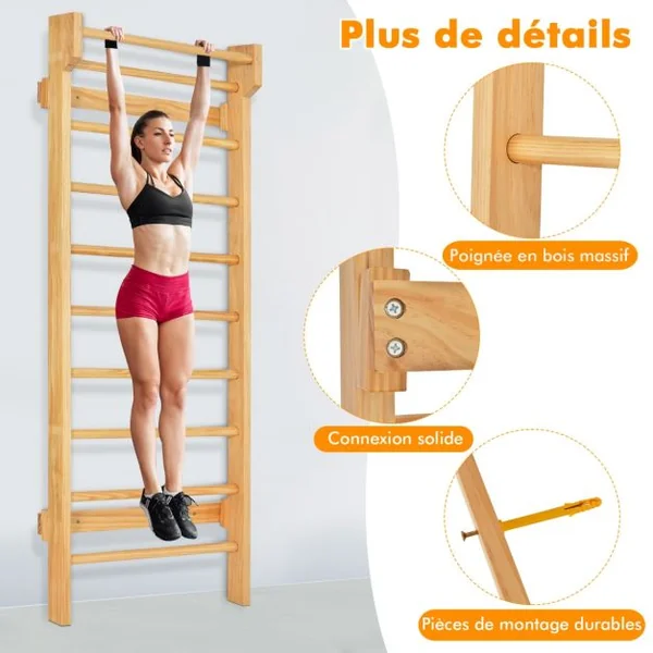 Espalier Mural Espalier de Gymnastique Capacité 150 kg Diamètre Barre 3,3 cm en Bois de Pin 195x80x14cm Naturel