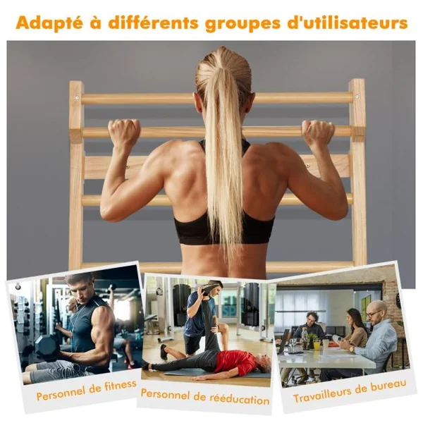 Espalier Mural Espalier de Gymnastique Capacité 150 kg Diamètre Barre 3,3 cm en Bois de Pin 195x80x14cm Naturel