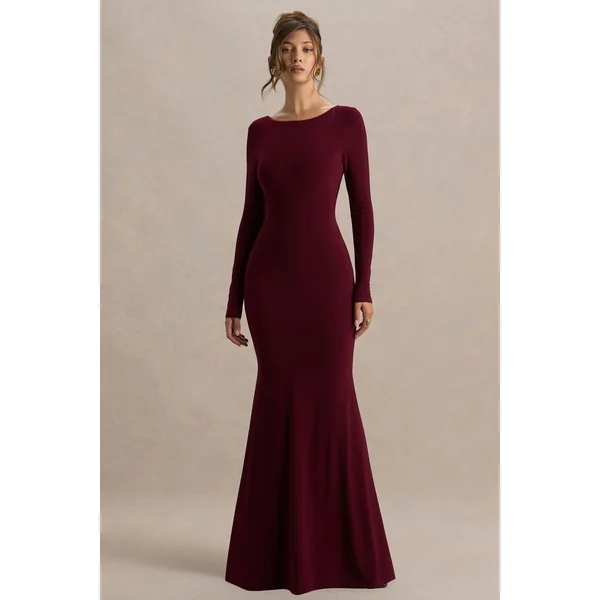 Estelle | Robe longue bordeaux à encolure bateau dos nu et détails en dentelle