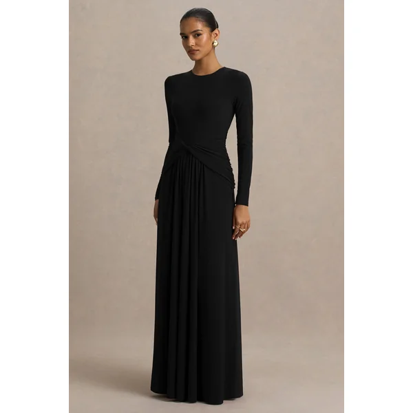 Estrella | Robe longue noire à haute encolure avec détails froncés