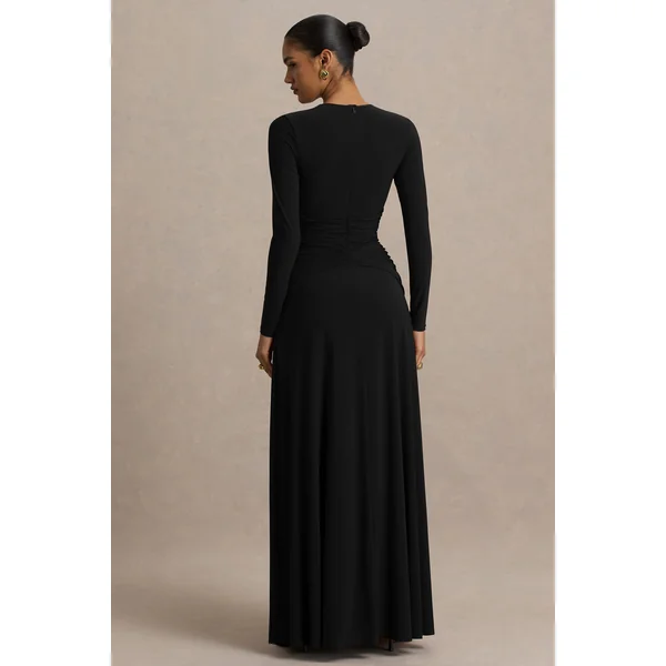Estrella | Robe longue noire à haute encolure avec détails froncés