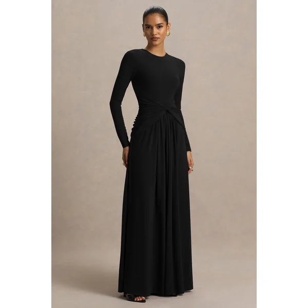 Estrella | Robe longue noire à haute encolure avec détails froncés