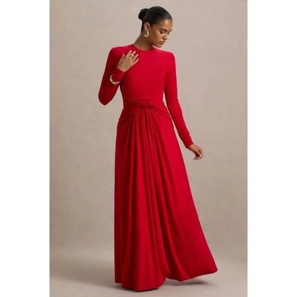 Estrella | Robe Longue Rouge à Col Montant avec Détails Froncés