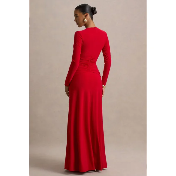 Estrella | Robe Longue Rouge à Col Montant avec Détails Froncés