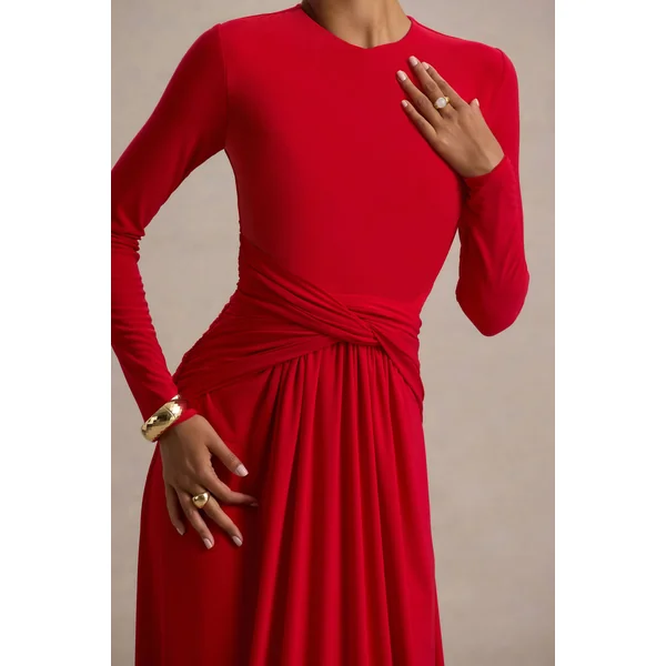 Estrella | Robe Longue Rouge à Col Montant avec Détails Froncés