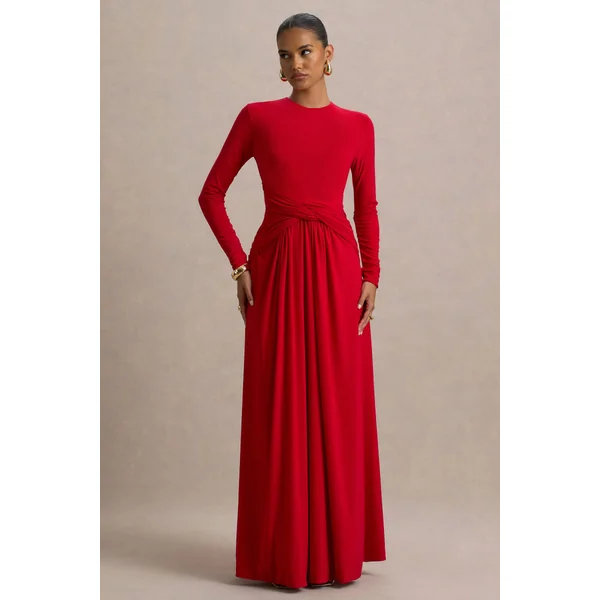Estrella | Robe Longue Rouge à Col Montant avec Détails Froncés