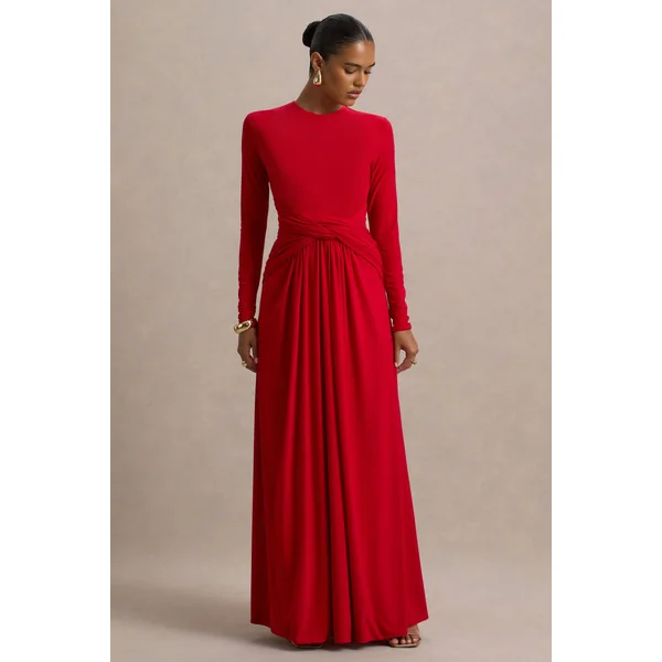 Estrella | Robe Longue Rouge à Col Montant avec Détails Froncés