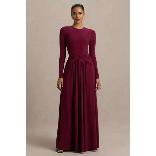 Estrella | Robe longue à haute encolure bordeaux avec détails froncés