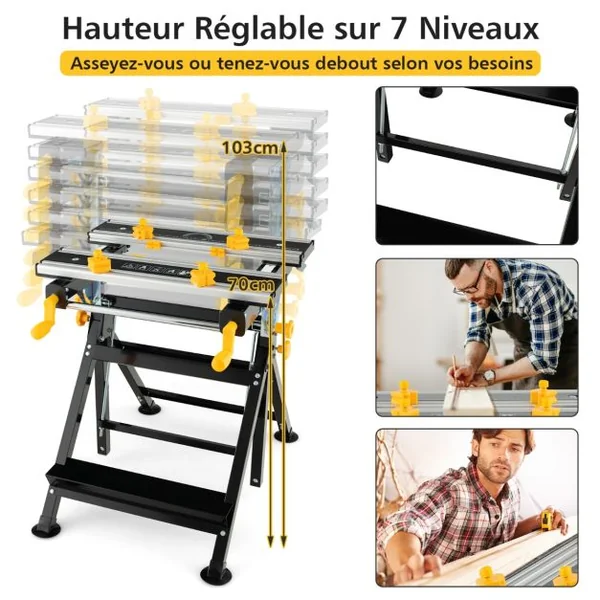 Etabli Pliant Atelier Plate-forme Inclinable 7 Hauteurs Réglables Largeur 60CM 2 Poignées de Serrage 8 Pinces Coulissantes