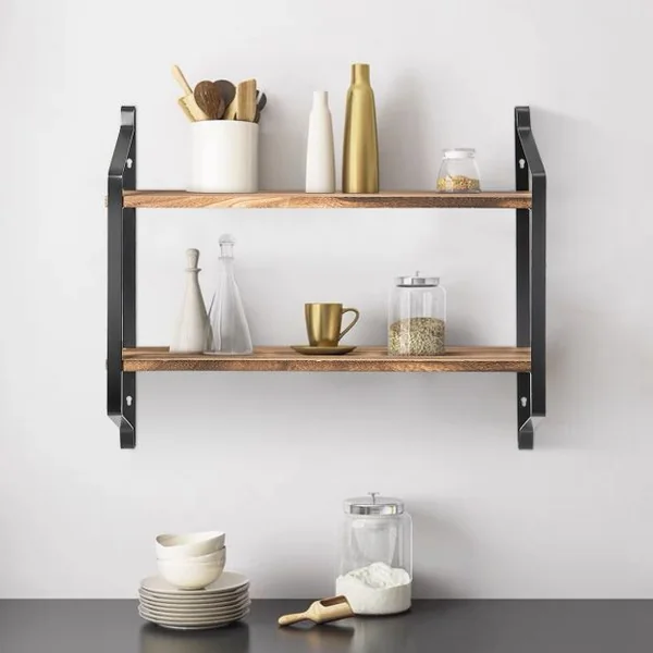 Etagere Murale en Bois et Métal Porte-Épices pour Cuisine Etagère à 2 Niveaux
