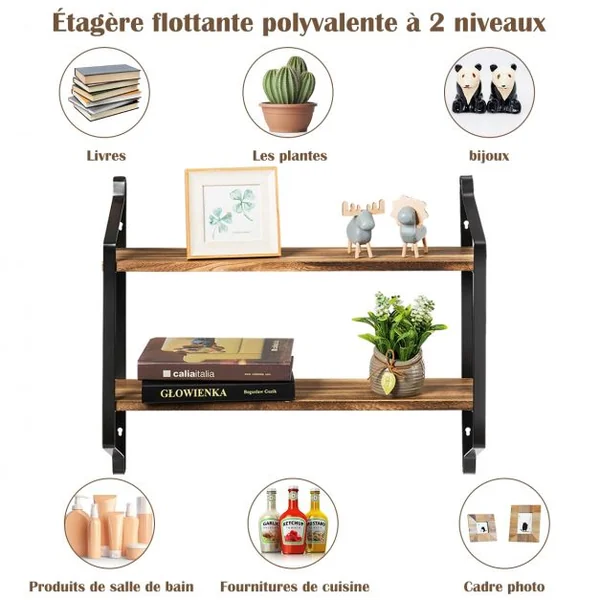 Etagere Murale en Bois et Métal Porte-Épices pour Cuisine Etagère à 2 Niveaux