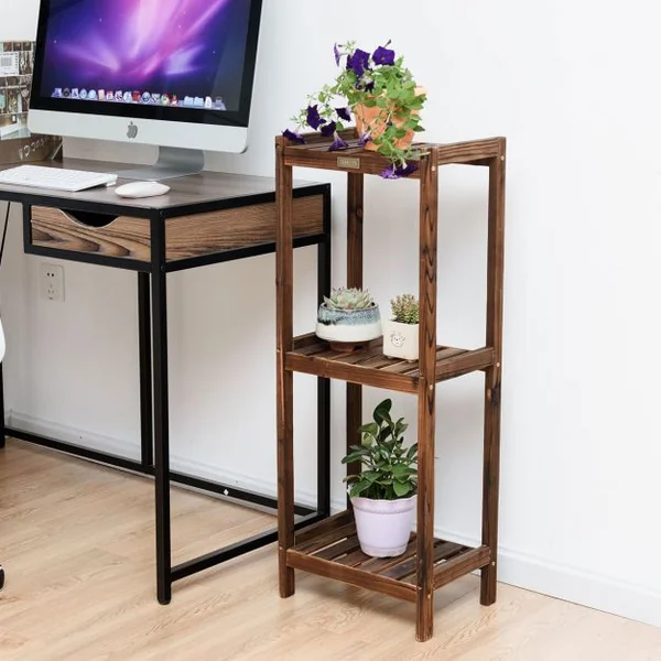 Etagère Colonne en Bois Etagère de Rangement 3 Niveaux, pour Cuisine Salon Chambre Jardin, 34x25x88cm, Couleur naturel